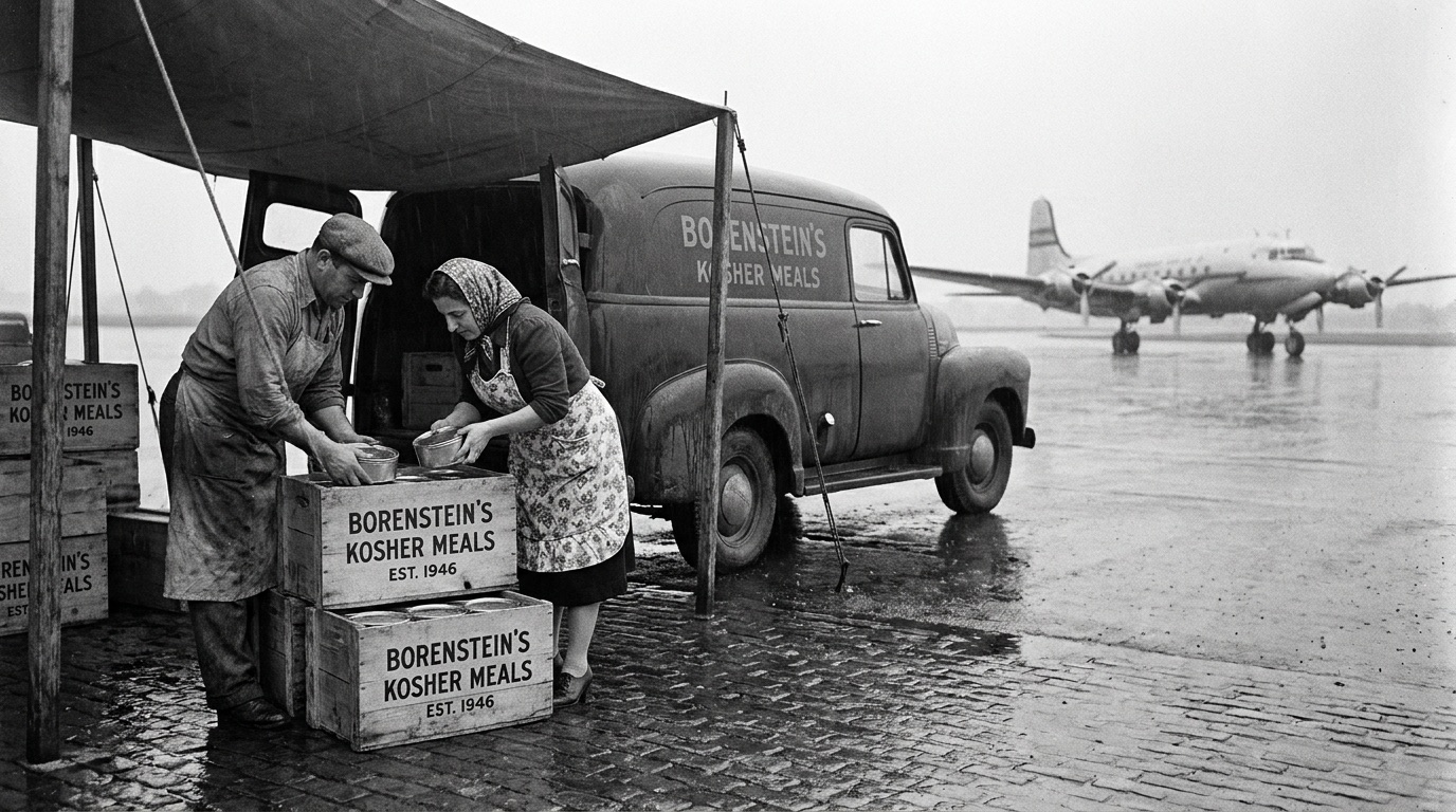 Black-and-white 1946 photograph: a couple packs kosher meal tins into stenciled Borenstein's crates beside a delivery truck, a DC-4 airliner on the wet tarmac behind