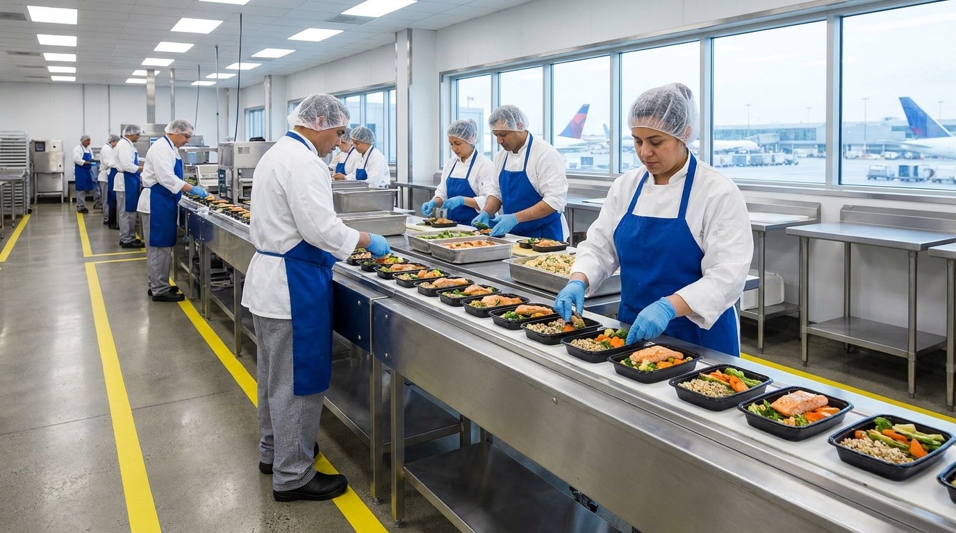 Modern flight kitchen production line with uniformed staff plating thousands of fresh meals, aircraft visible through the windows