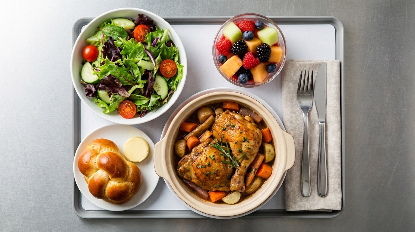 Overhead view of a complete kosher airline meal tray: braised chicken, salad, challah roll and fruit