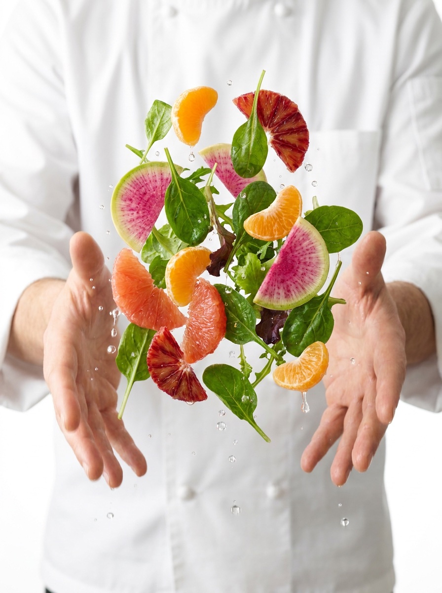 A chef's hands tossing fresh citrus, watermelon radish and greens in mid-air
